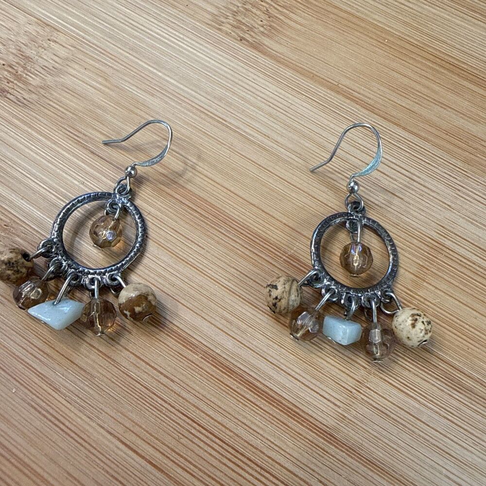 Neutral Beige And Aqua Stone Dangle Drop Earrings Vintage Unbranded